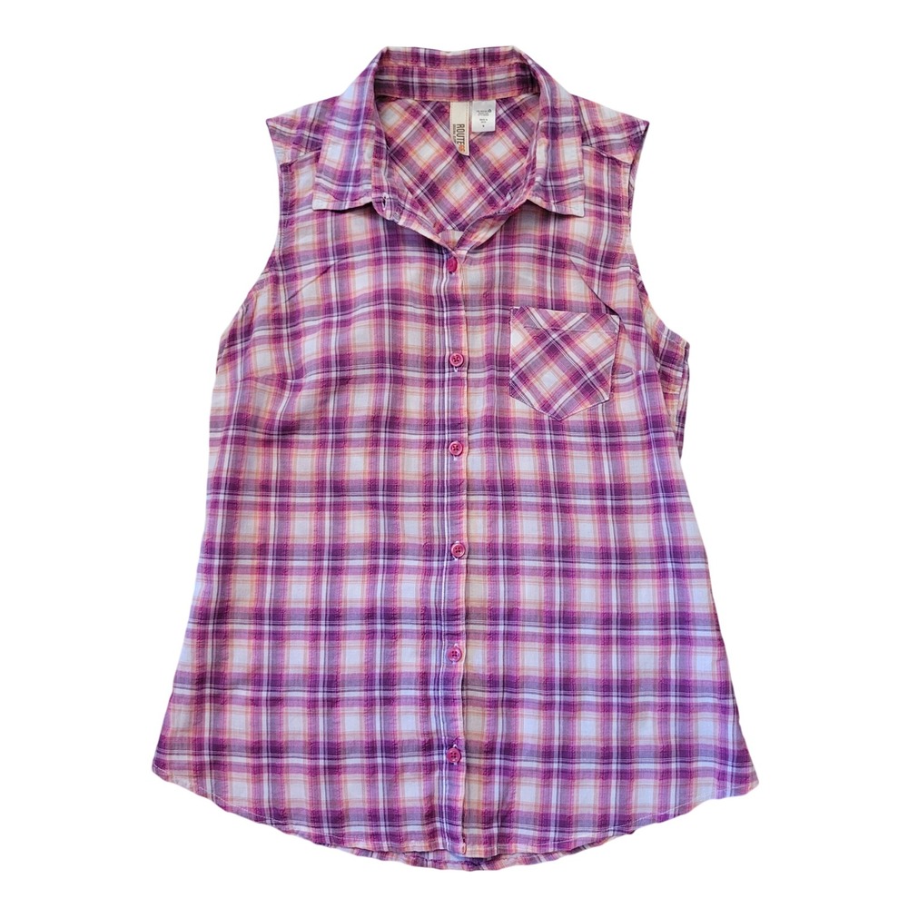 Route 66 S Sleeveless Button Down Pink Plaid Cotton Top Western Cowgirl Rodeo